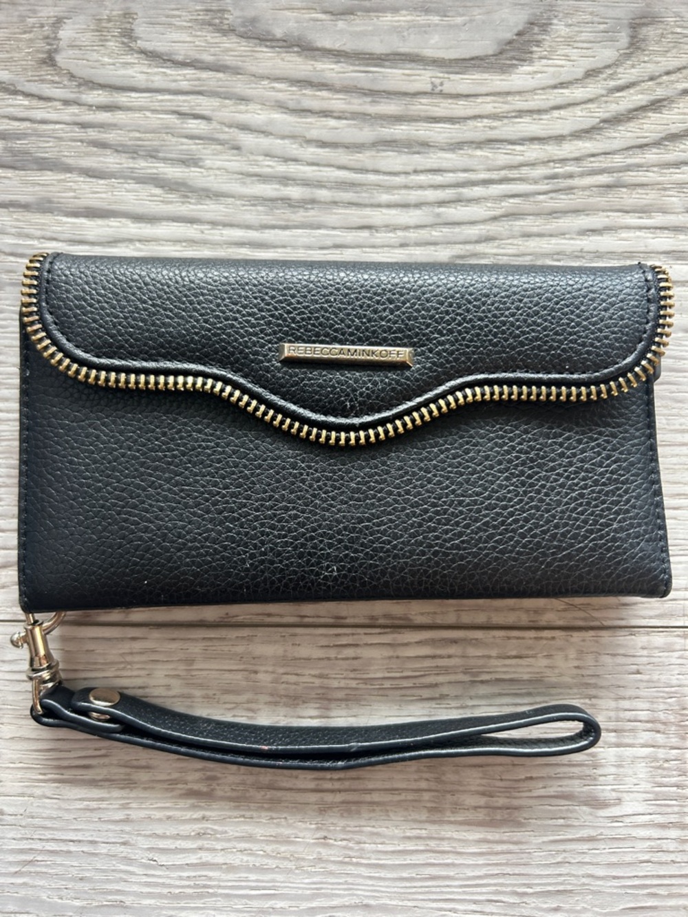Rebecca Minkoff Black Leather Zip-Trim Wristlet Phone Case